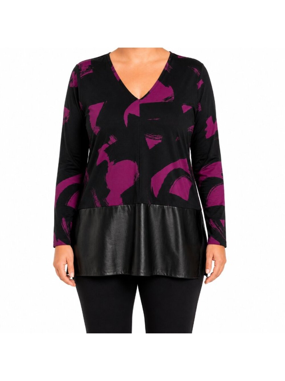 N Natori Black Purple Faux Leather Tunic Top Size Large